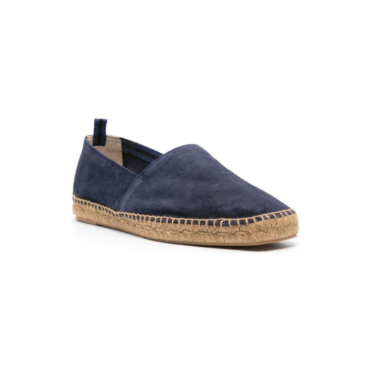 Castaner suede men's espadrilles in midnight blue with braided raffia sole, almond toe, and pull-tab, slip-on style.