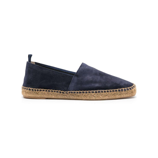Midnight blue Castaner suede men’s espadrilles with braided raffia sole and almond toe, featuring tonal and contrast stitching.