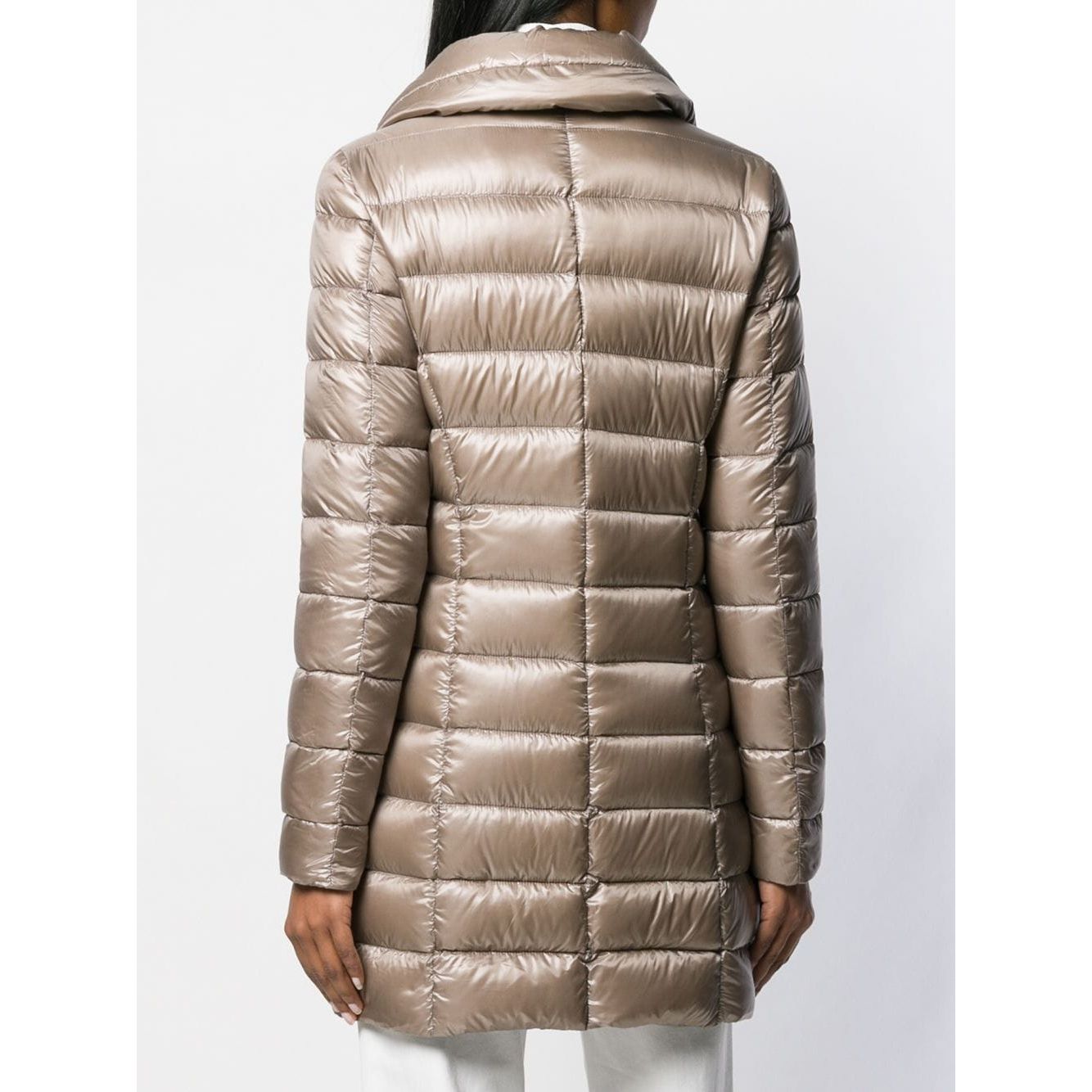 Back view of Herno Coats Dove Grey Maria midi down jacket with long sleeves and padded interior.