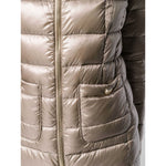 Close-up of Herno Coats Dove Grey featuring natural feather down padded jacket with front zip and patch pockets.