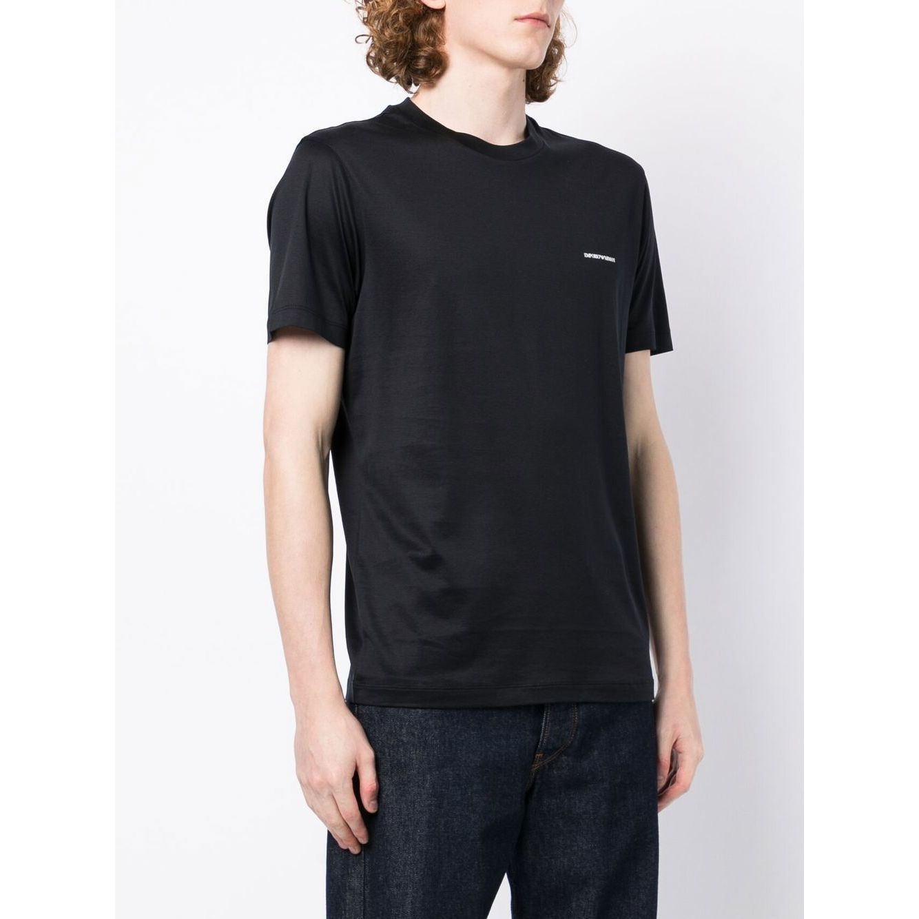 Emporio Armani T-shirts and Polos Blue - navy lyocell blend crew neck short sleeves with logo print on front