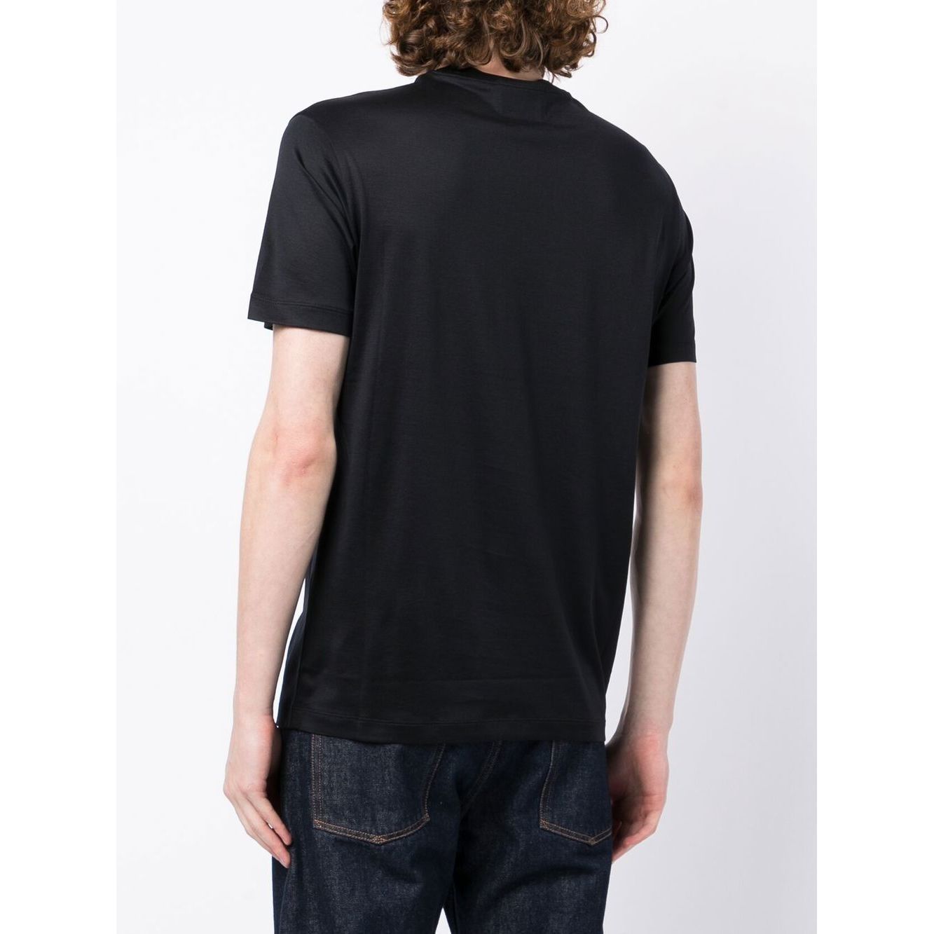 Man wearing Emporio Armani T-shirts and Polos Blue, navy blue lyocell blend with crew neck and short sleeves, back view.