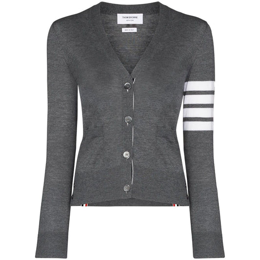 Thom Browne Sweaters Grey wool V-neck cardigan with button fastening, long sleeves, ribbed cuffs, and signature 4Bar stripes.