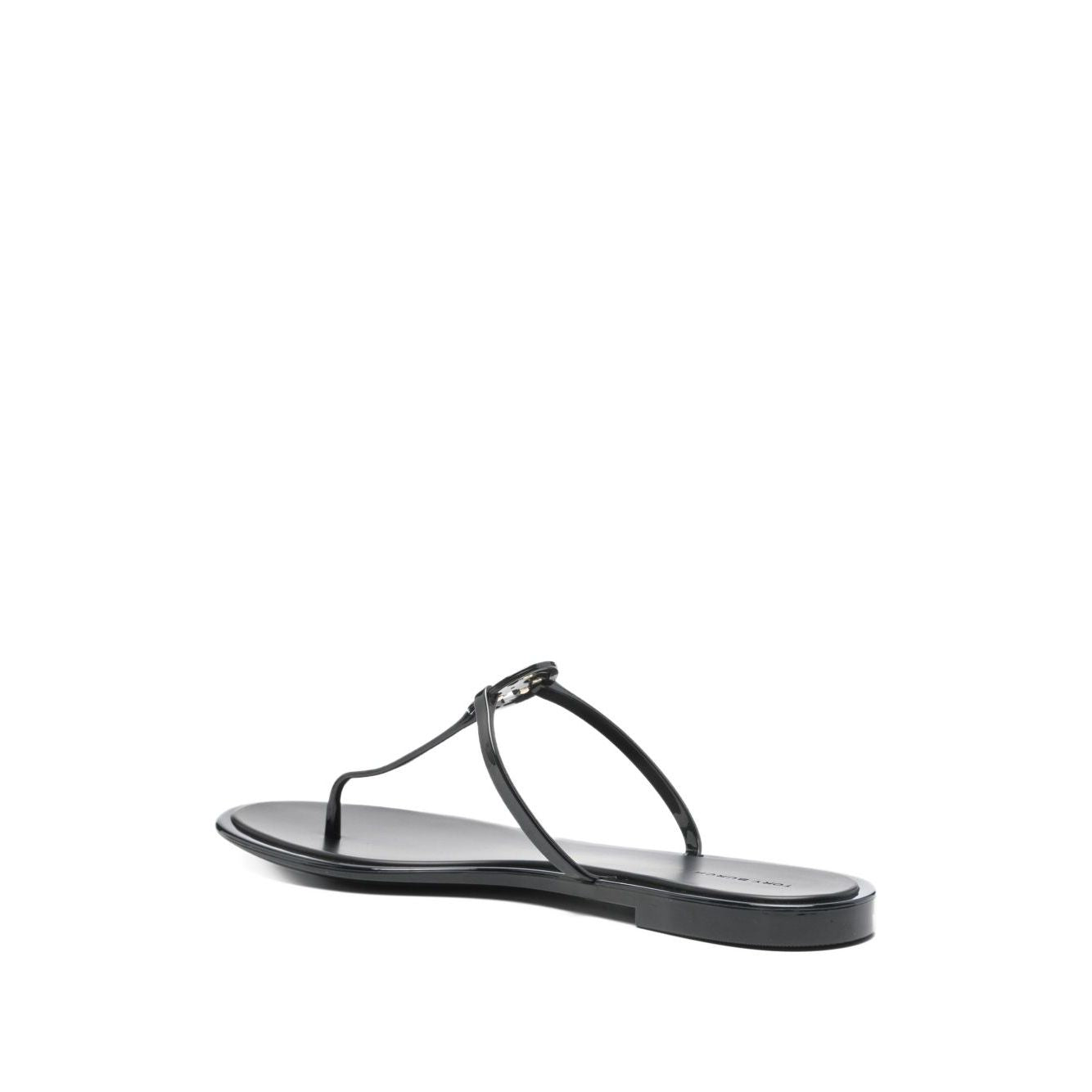 Black Tory Burch Sandals Black featuring a Double T motif and open almond toe design, Mini Miller thong style with branded insole.