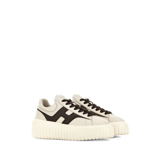 Hogan Pre Sneakers Hogan H-Stripes, beige leather sneakers with front lace-up, H-stripes, logo-print tongue, and branded insole.