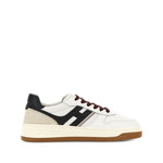 Hogan Pre Sneakers Hogan H630 with white panels, lace-up suede detail, rubber sole, perforated toe box, side view.