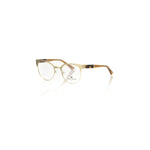 Alt Tag: Elegant Frankie Morello Gold Acetate Women's Frame eyeglasses with gold metal profile and geometric pattern on transparent temples.