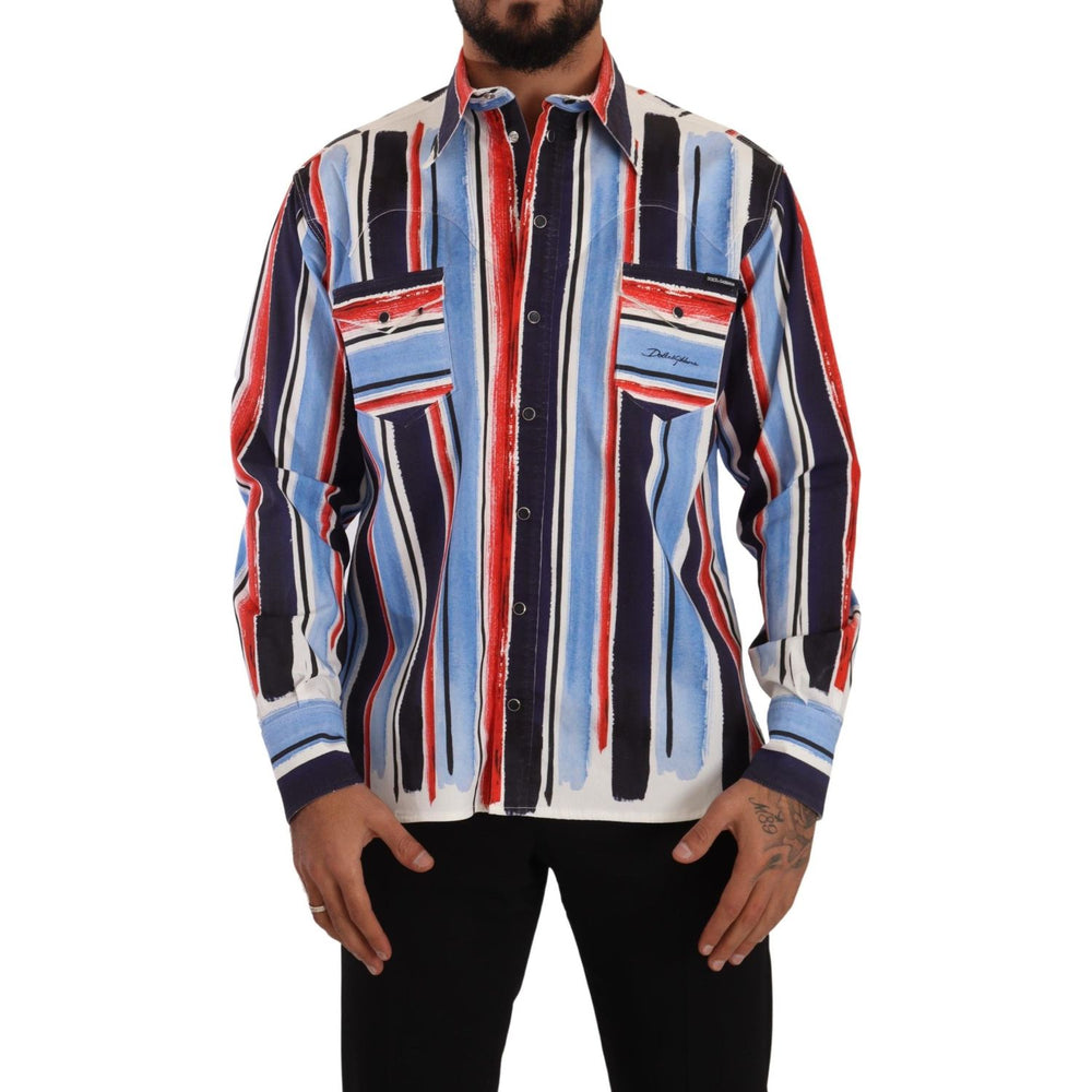 Dolce & Gabbana Red Striped Long Sleeve Cotton Shirt Blue