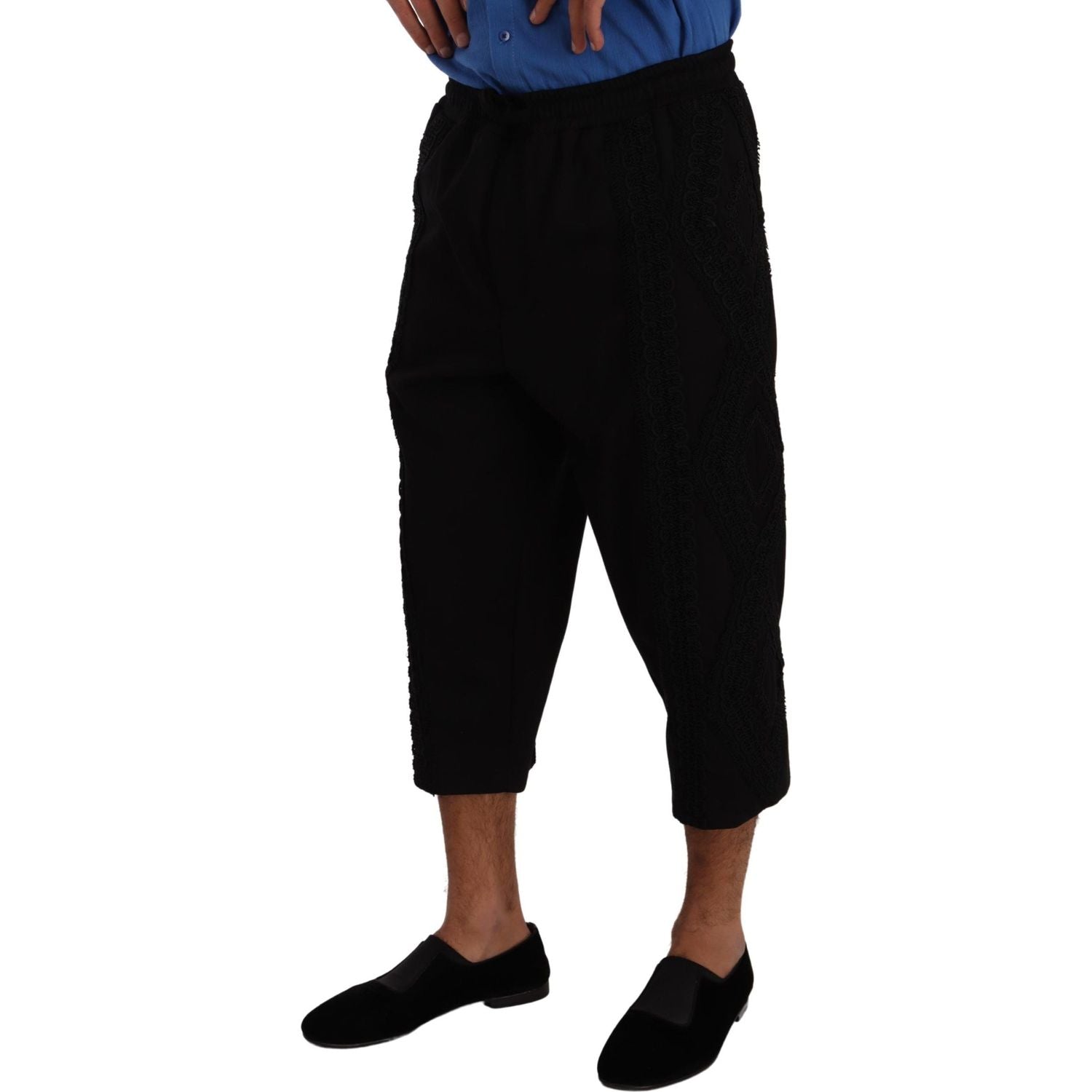 优雅黑色棉混纺七分裤