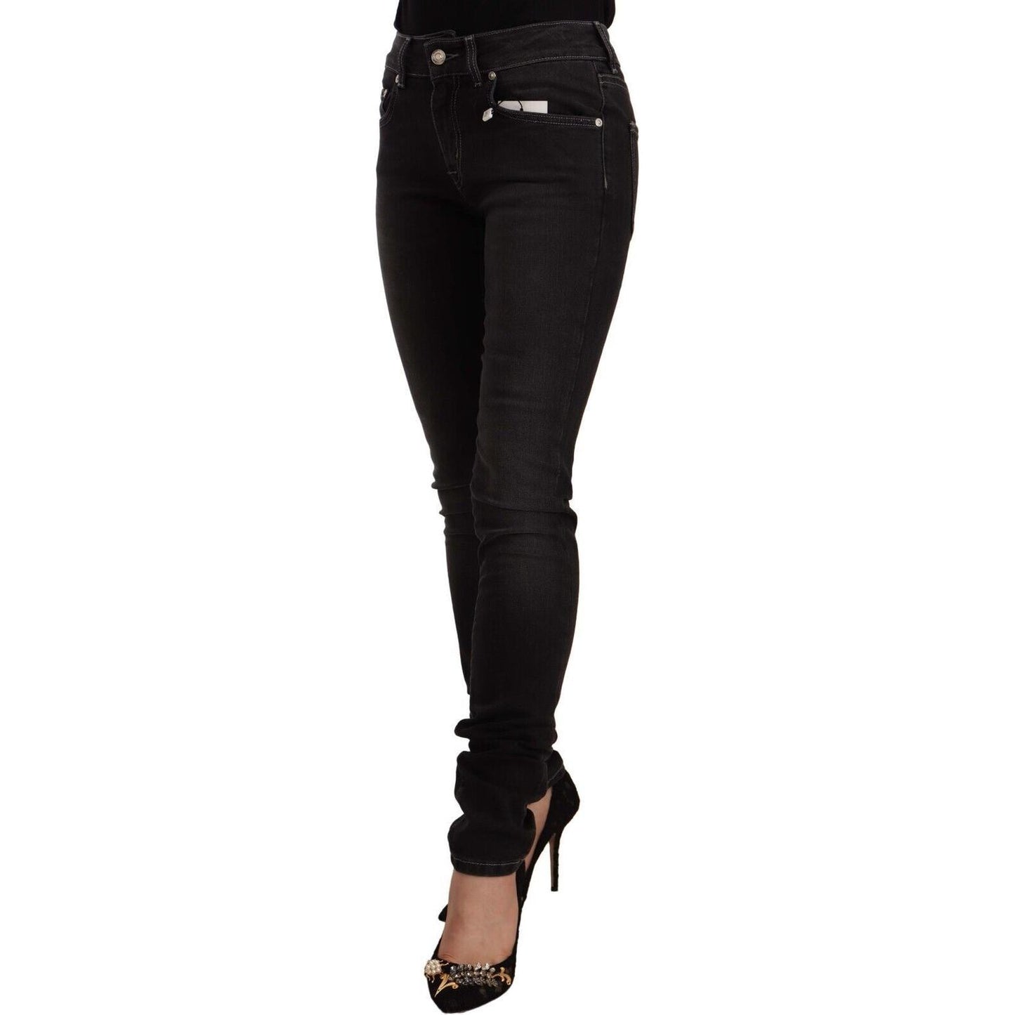 GF Ferre Black Washed Mid Waist Cotton Skinny Slim Fit Jeans