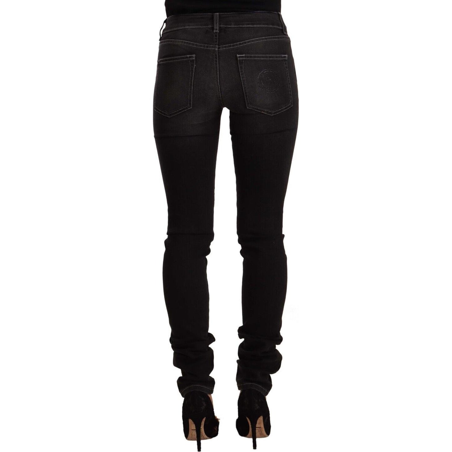 GF Ferre Black Washed Mid Waist Cotton Skinny Slim Fit Jeans