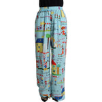 Dolce & Gabbana Light Blue Drawing Mid Waist Wide Leg Pants