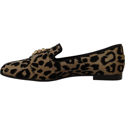Dolce & Gabbana Gold Leopard Print Crystals Loafers Shoes
