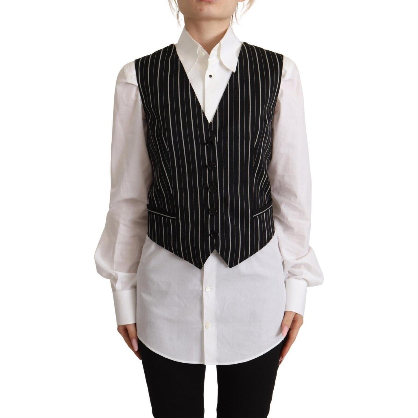 Dolce & Gabbana Black Stripes Wool V-neck Sleeveless Button Vest Top