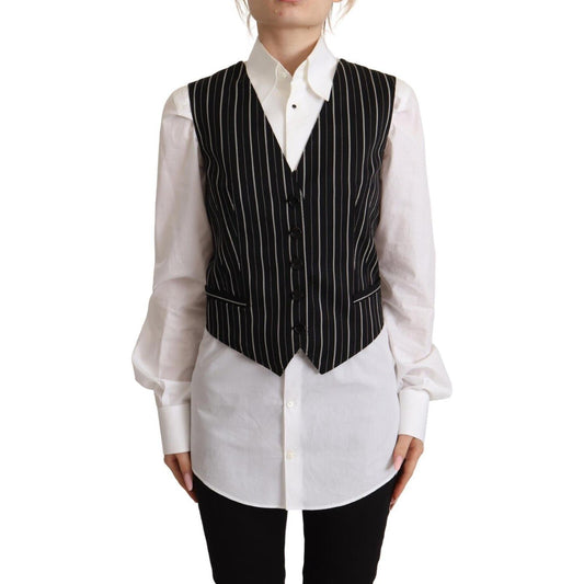 Dolce & Gabbana Black Stripes Wool V-neck Sleeveless Button Vest Top