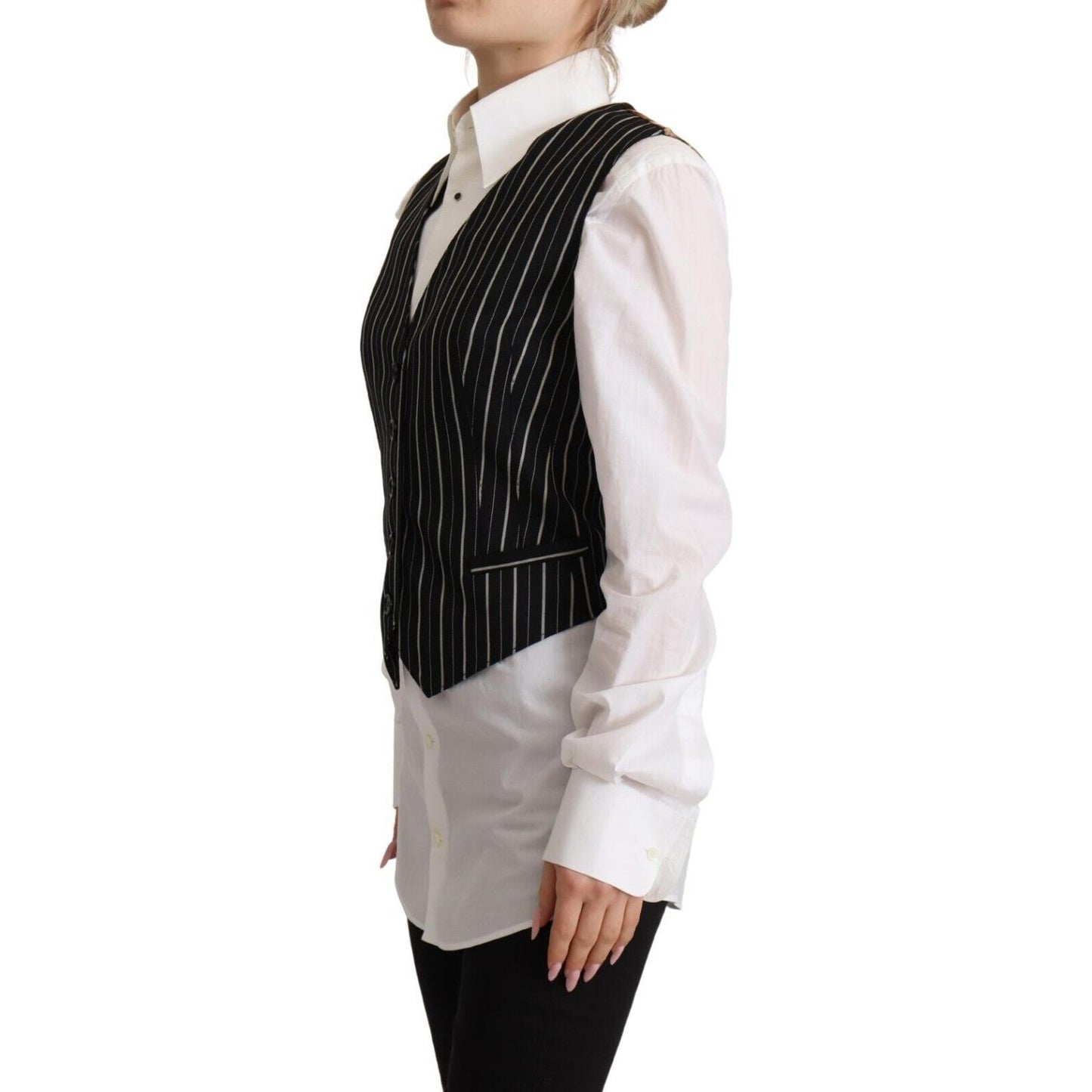Dolce & Gabbana Black Stripes Wool V-neck Sleeveless Button Vest Top