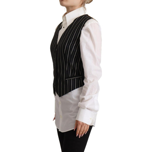 Dolce & Gabbana Black Stripes Wool V-neck Sleeveless Button Vest Top