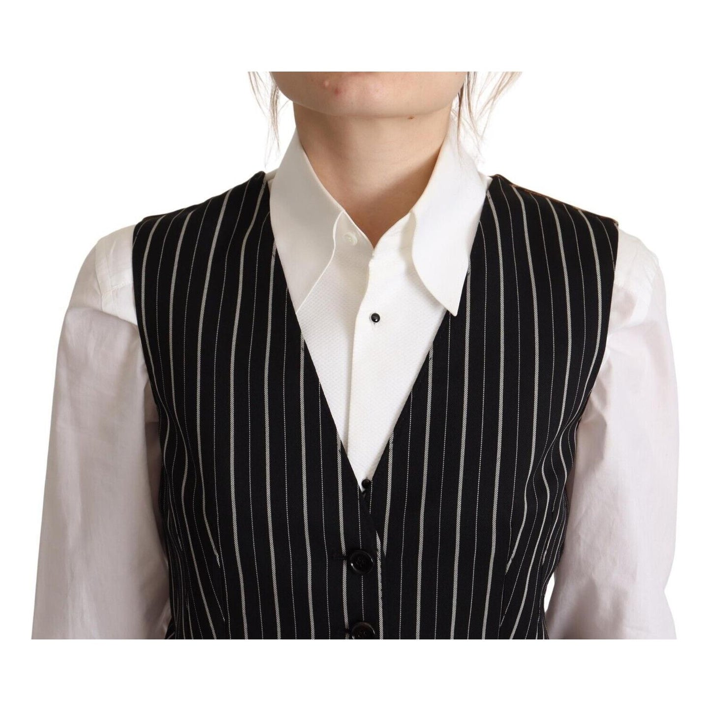 Dolce & Gabbana Black Stripes Wool V-neck Sleeveless Button Vest Top