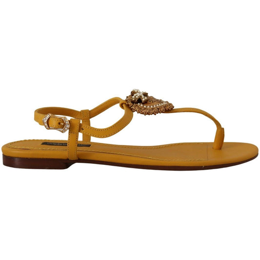 Dolce & Gabbana Mustard T-Strap Flat Sandals with Heart Embellishment Dolce & Gabbana