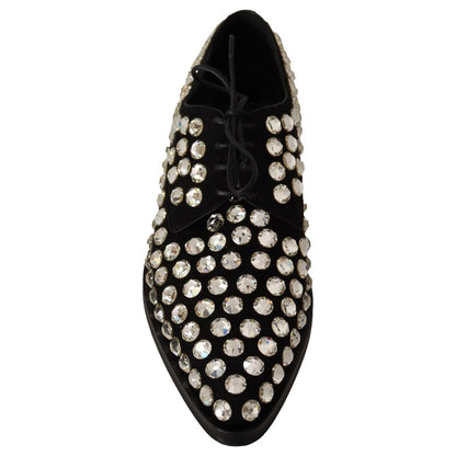 Dolce & Gabbana Black Leather Crystals Lace Up Formal Shoes