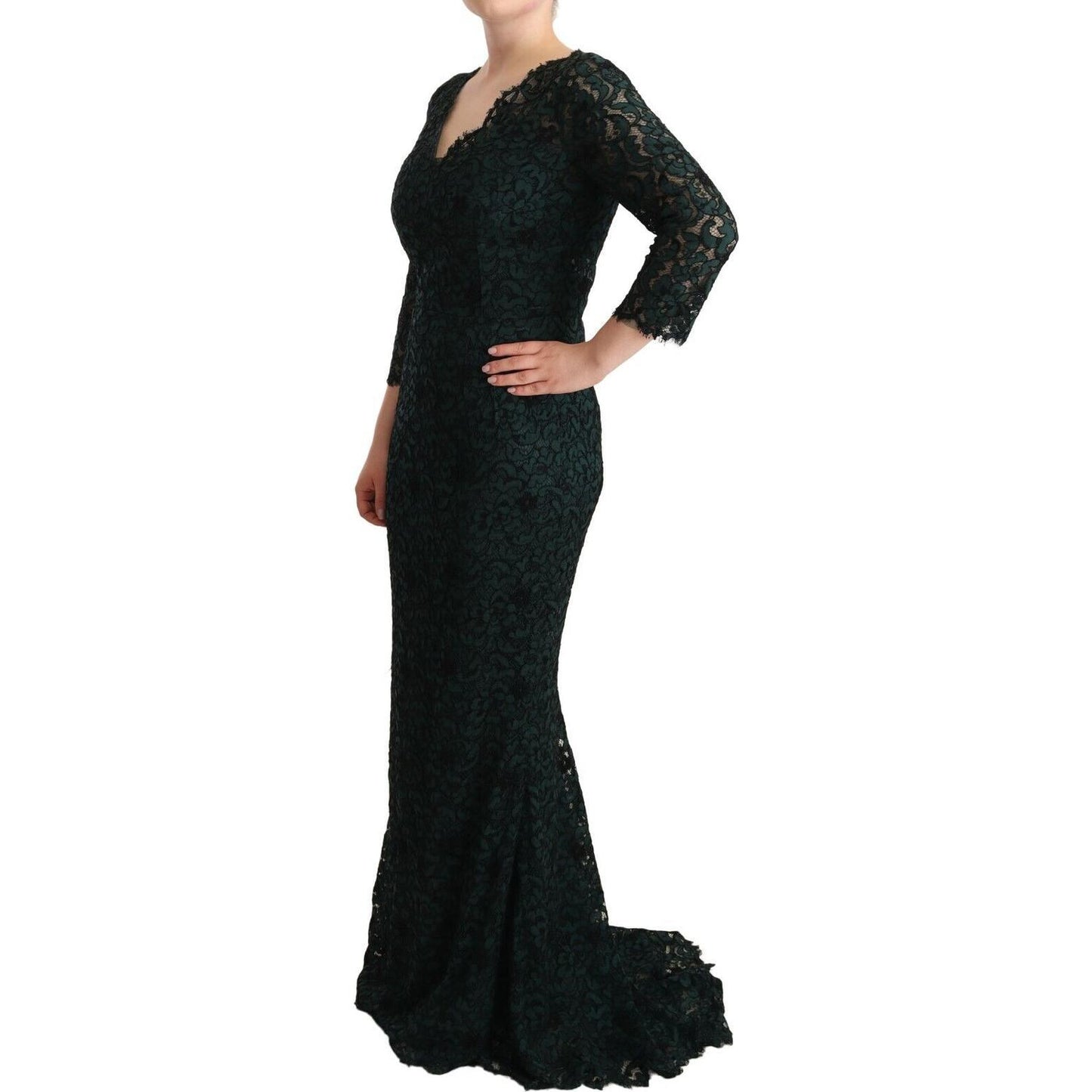 Dolce & Gabbana Green Floral Lace Maxi Floor Length Dress