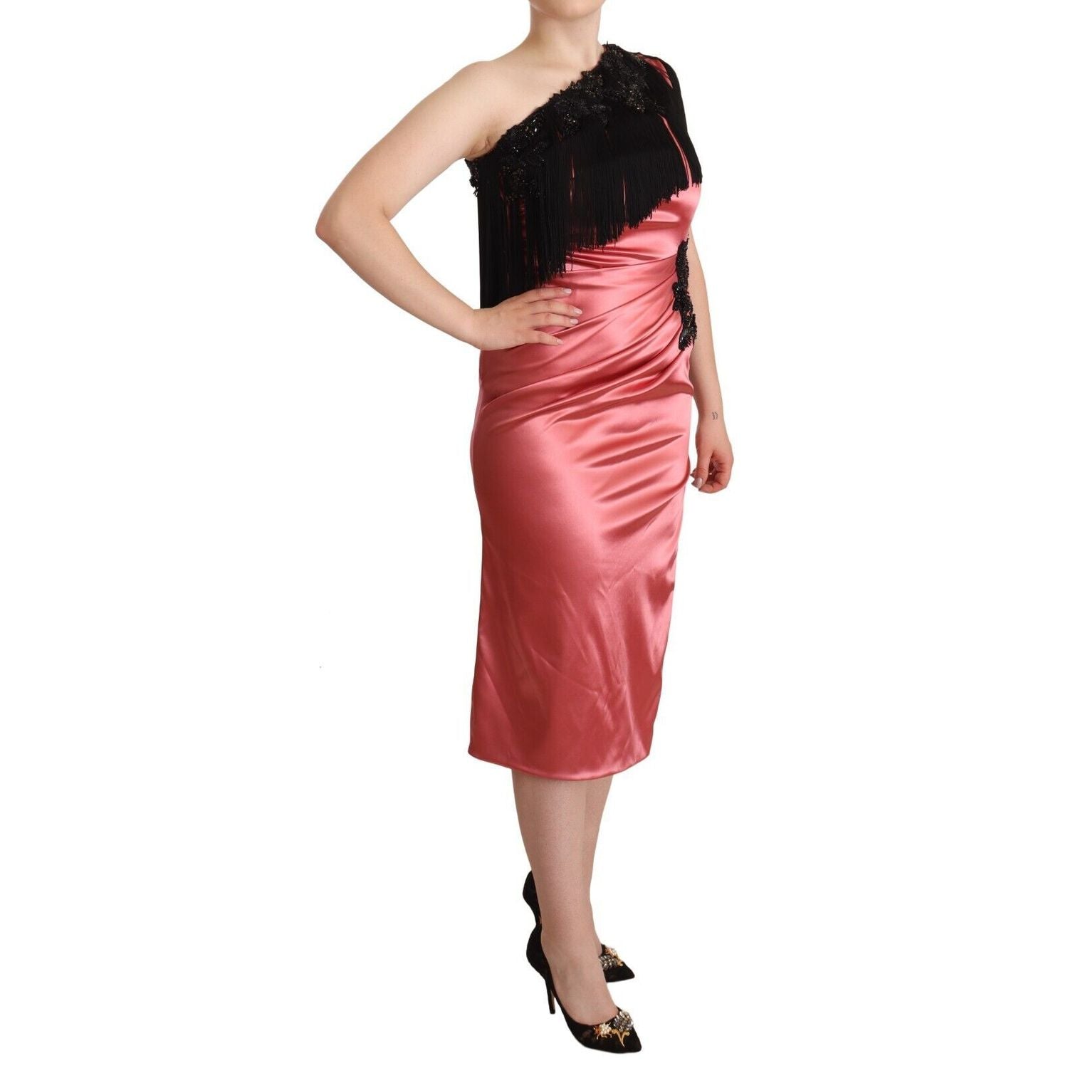 Dolce & Gabbana Pink One-Shoulder Silk Tassel Fringe Gown Mid Dress