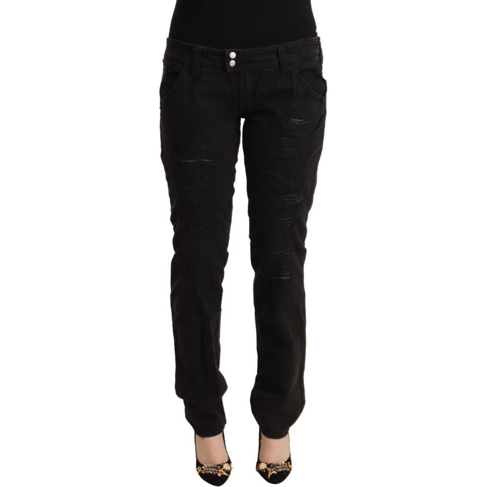 CYCLE Black Cotton Distressed Low Waist Slim Fit Denim Jeans