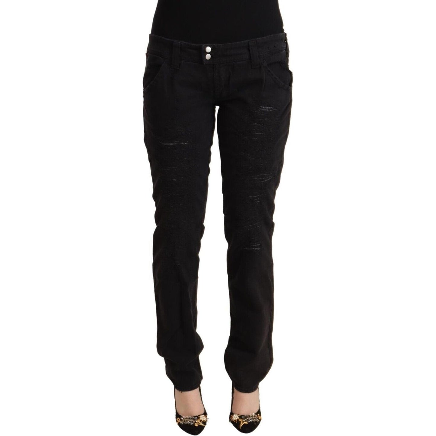 CYCLE Black Cotton Distressed Low Waist Slim Fit Denim Jeans