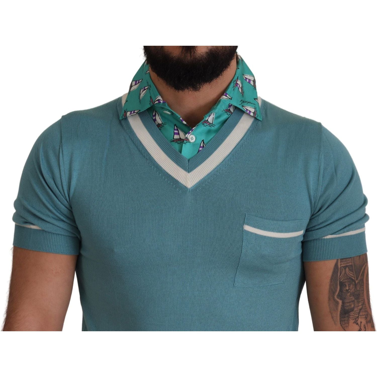 Dolce & Gabbana Blue Silk Polo Top Mens V-neck  T-shirt