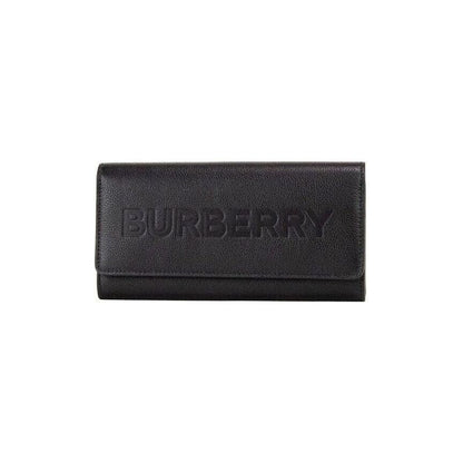 Burberry Porter Black Grained Leather Branded Logo Embossed Clutch Flap Wallet