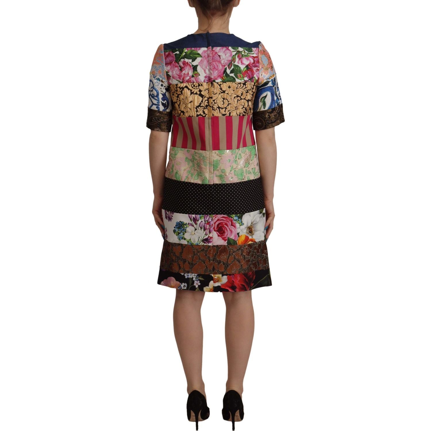 Dolce & Gabbana Multicolor Pachwork Floral Sheath Jaquard Mini Gown Dress