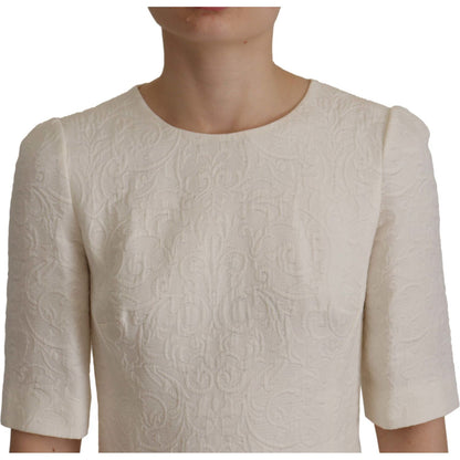 Dolce & Gabbana White Jaquard Midi Floral Sheath Brocade Dress