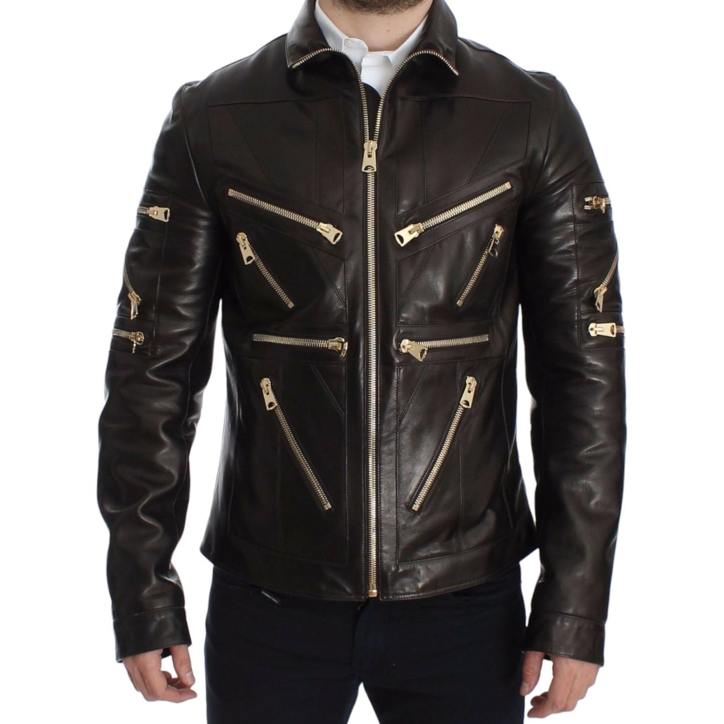 Dolce & Gabbana | Elegant Brown Gold-Detailed Leather Jacket| McRichard Designer Brands   