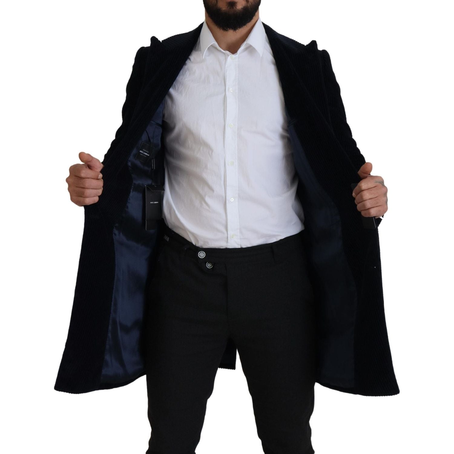 优雅黑色棉质长款开衫夹克