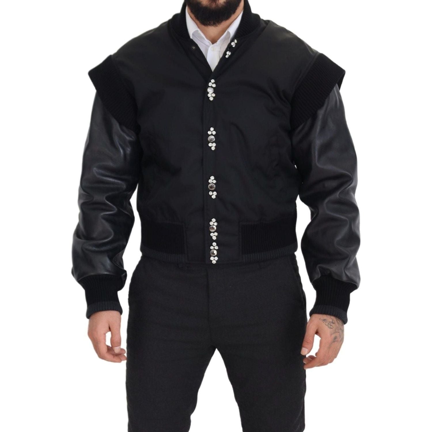 优雅黑色水晶缀饰飞行员夹克