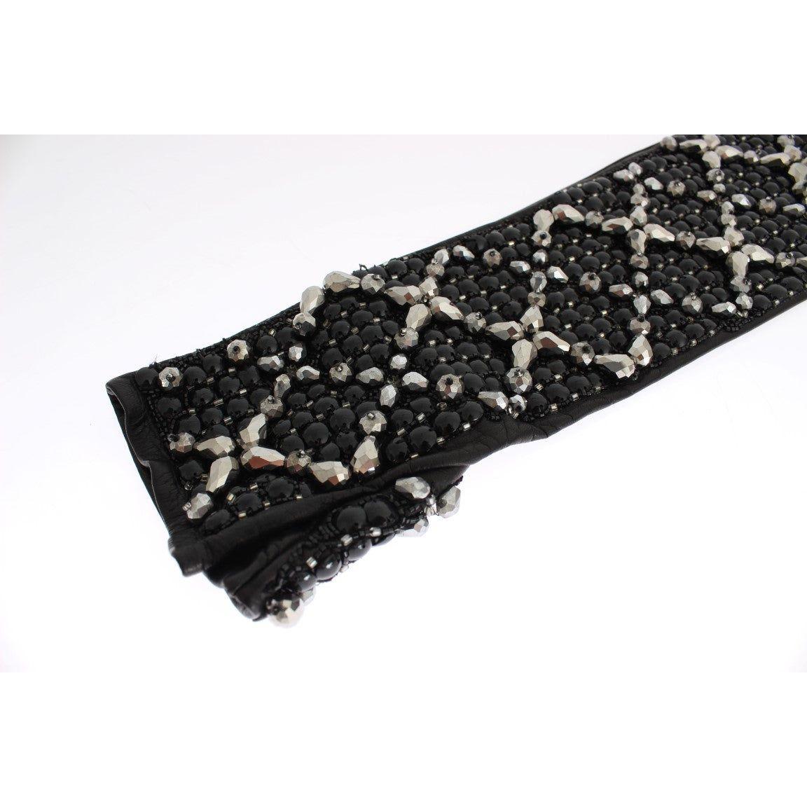 Dolce & Gabbana Elegant Black Crystal Beaded Leather Gloves Dolce & Gabbana