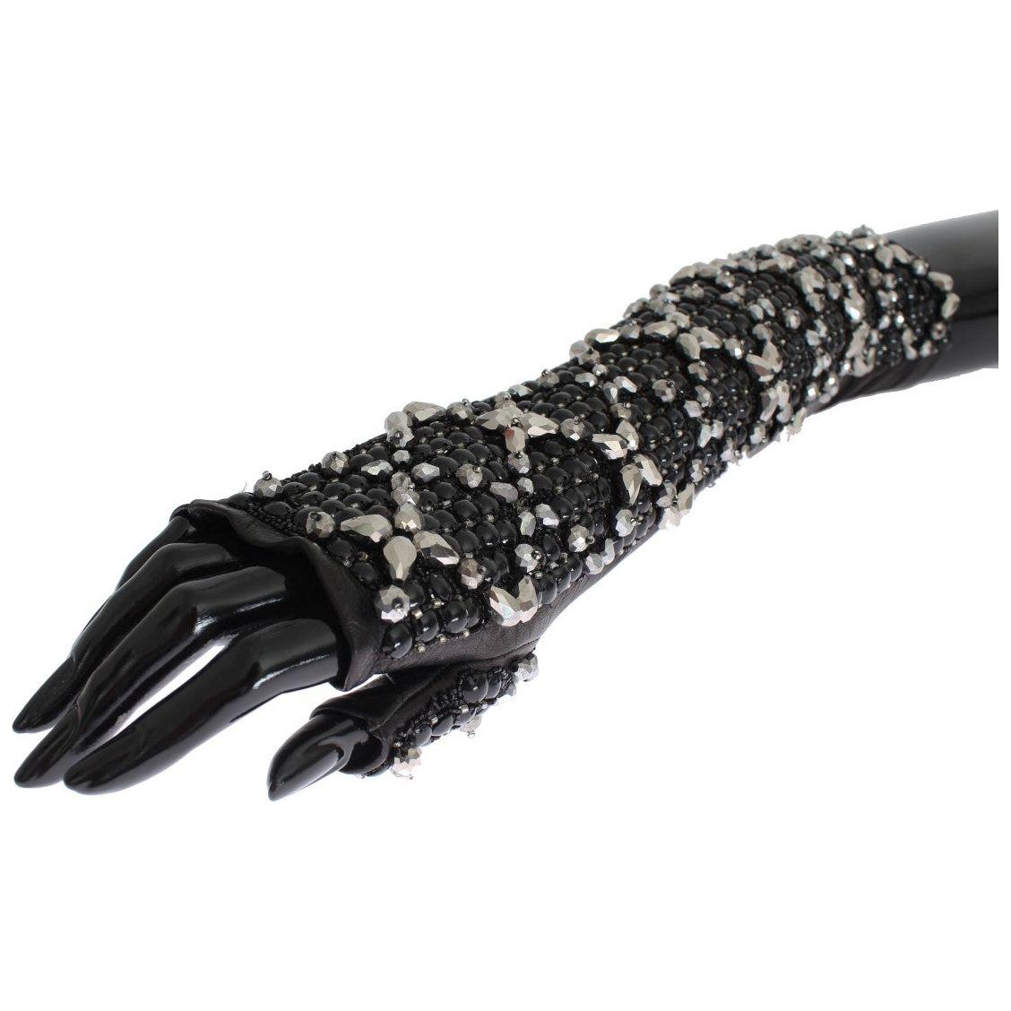 Dolce & Gabbana Elegant Black Crystal Beaded Leather Gloves Dolce & Gabbana