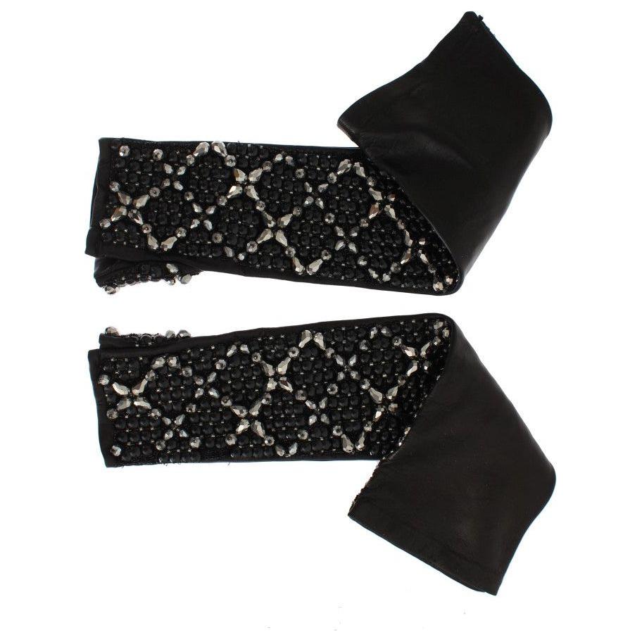 Dolce & Gabbana Elegant Black Crystal Beaded Leather Gloves Dolce & Gabbana