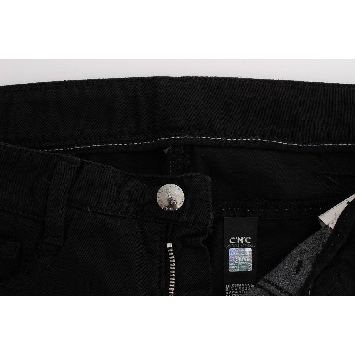 时尚黑色修身拉链棉质牛仔裤