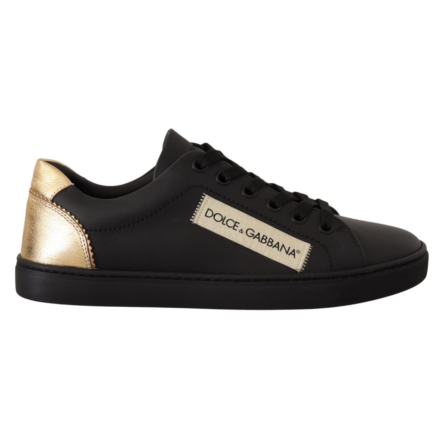 Dolce & Gabbana Black Gold Leather Low Top Sneakers Womens Shoes
