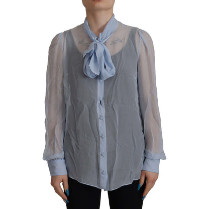 Dolce & Gabbana Light Blue Silk Ascot Collar Long Sleeves Top
