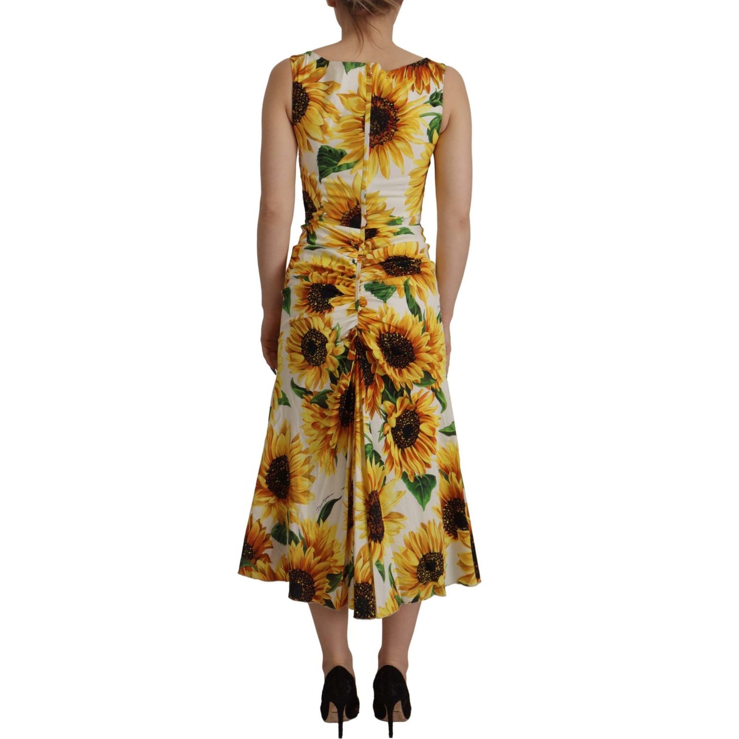 Dolce & Gabbana White Sunflower Print Sheath Midi Silk