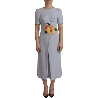 Dolce & Gabbana Blue Floral Applique Midi Viscose Dress
