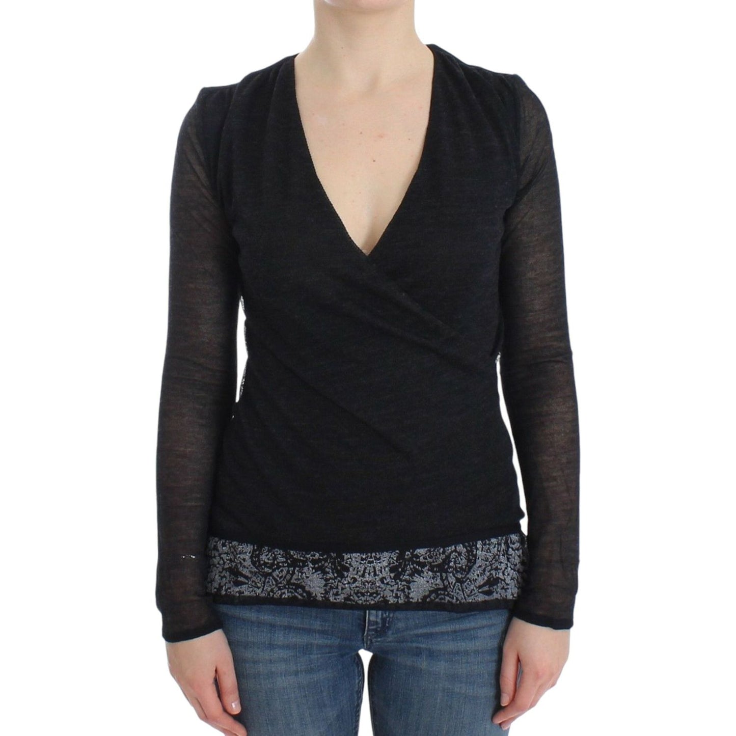 Ermanno Scervino | Deep V-neck Black Wool Blend Sweater| McRichard Designer Brands   