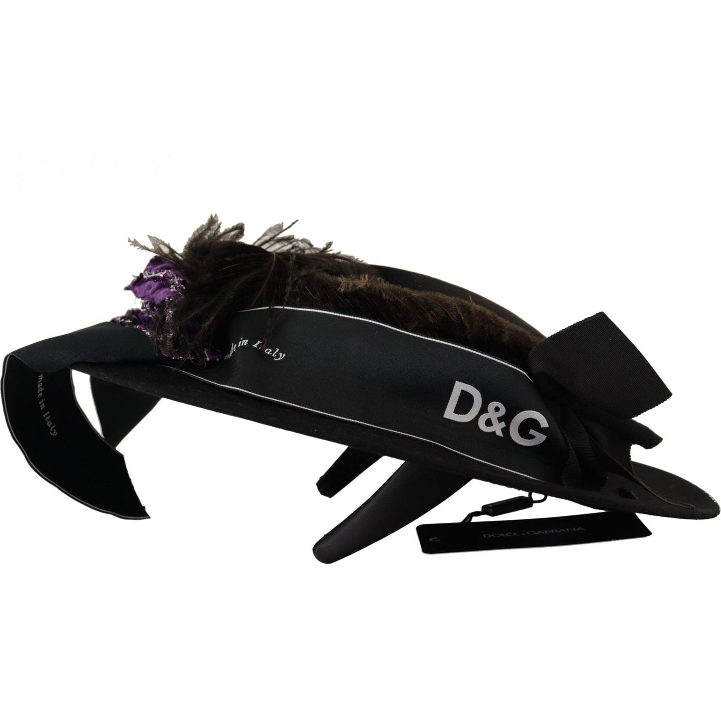 Dolce & Gabbana Black Lapil Crystal Heart Feather Brooch Fedora Hat