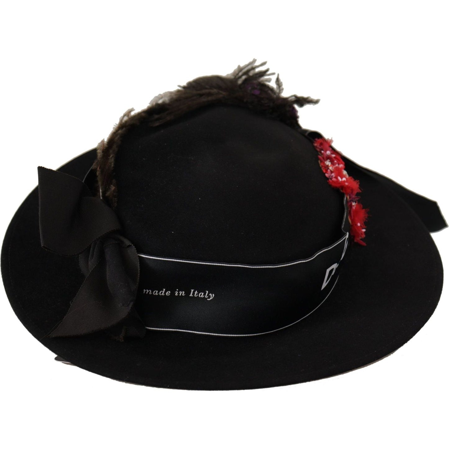 Dolce & Gabbana Black Lapil Crystal Heart Feather Brooch Fedora Hat