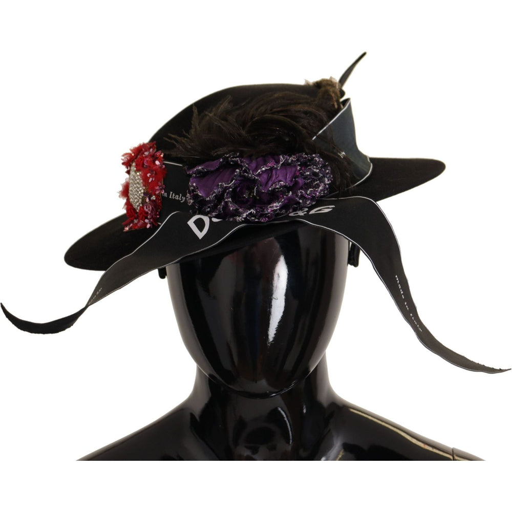 Dolce & Gabbana Black Lapil Crystal Heart Feather Brooch Fedora Hat