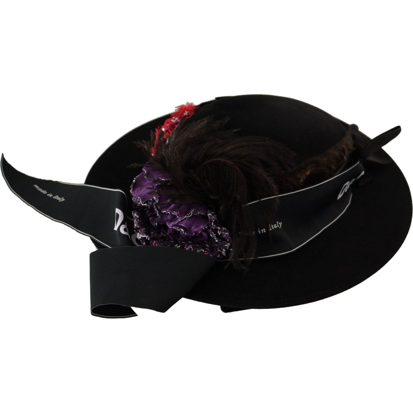 Dolce & Gabbana Black Lapil Crystal Heart Feather Brooch Fedora Hat