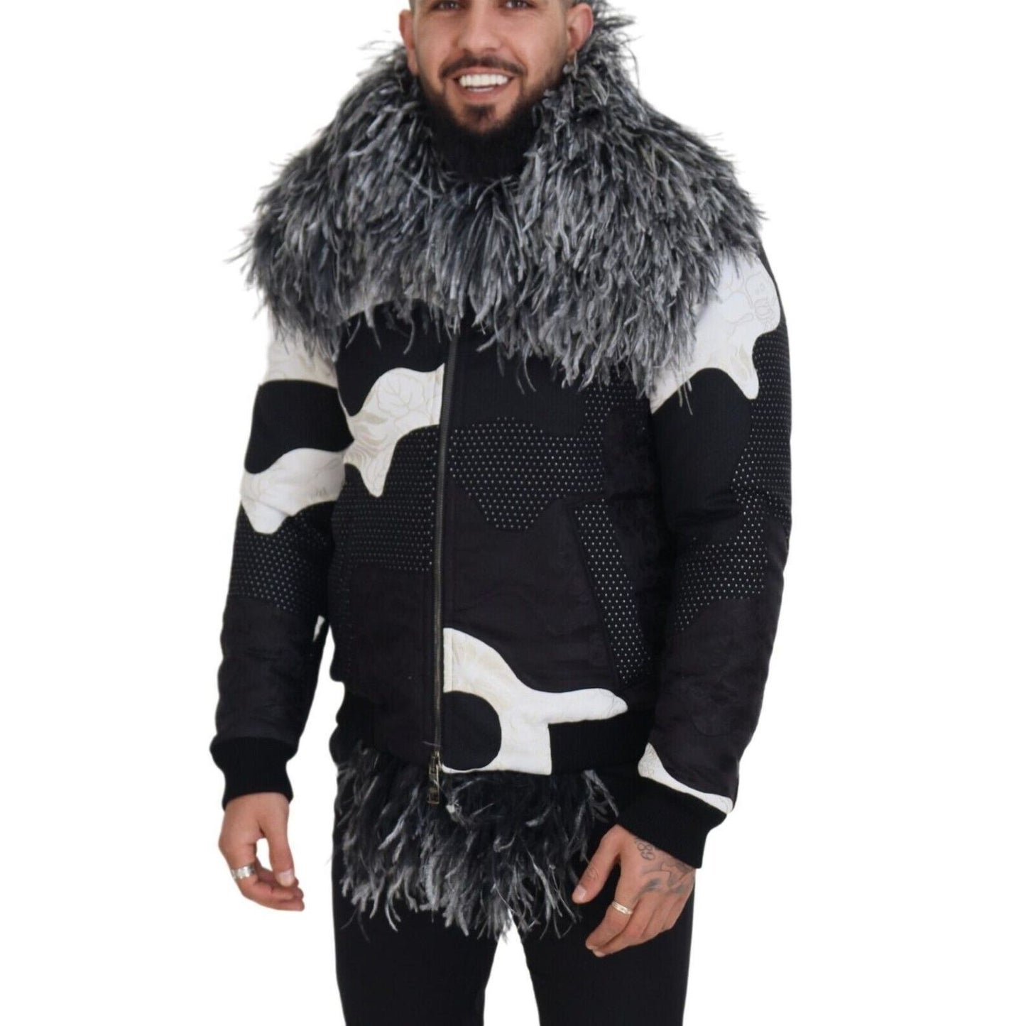 Dolce & Gabbana Black White Fur Shearling Full Zip Jacket