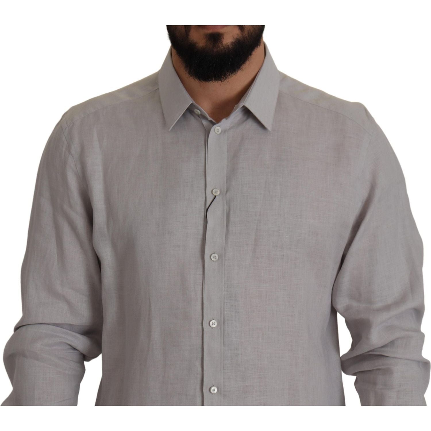 Dolce & Gabbana Gray Linen Long Sleeves Formal GOLD Shirt